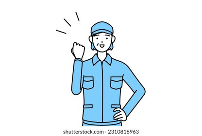Senior woman in hat and work clothes posing with guts, Vector Illustration