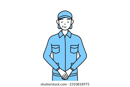 Senior woman in hat and work clothes bowing with folded hands, Vector Illustration