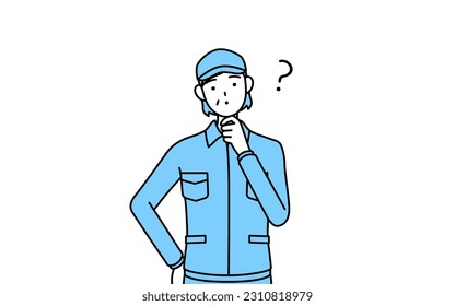 Senior woman in hat and work clothes nodding her head in question, Vector Illustration