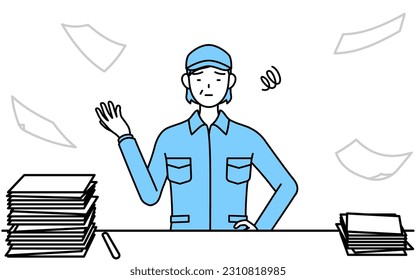 Senior woman in hat and work clothes who is fed up with her unorganized business, Vector Illustration