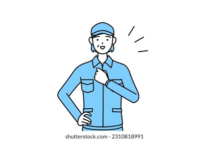 Senior woman in hat and work clothes tapping her chest, Vector Illustration