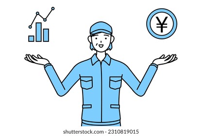 Senior woman in hat and work clothes guiding an image of DX, performance and sales improvement, Vector Illustration