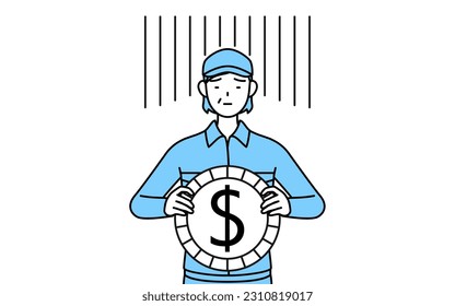 Senior woman in hat and work clothes an image of exchange loss or dollar depreciation, Vector Illustration