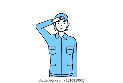 Senior woman in hat and work clothes making a salute, Vector Illustration