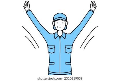 Senior woman in hat and work clothes doing radio calisthenics, preparation for accident prevention, Vector Illustration