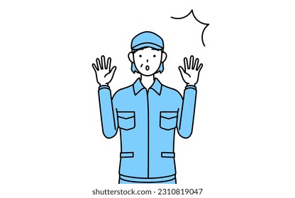 Senior woman in hat and work clothes raising her hand in surprise, Vector Illustration