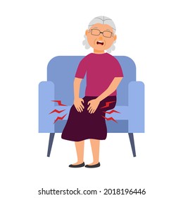 Senior woman have knee pain, leg pain in flat design on white background. Old lady use hand touching on leg and massage to relax her muscle.