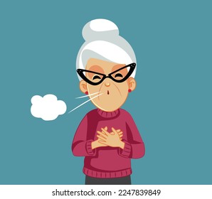 
Senior Woman Having Breathing Problems Coughing Vector Illustration. Unhappy grandma having shortness of breath because of aging 
