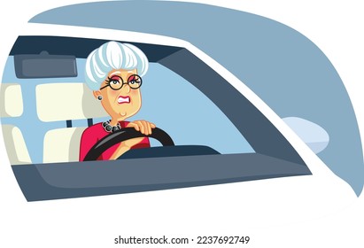 
Senior Woman Having Difficulties Driving a Car Vector Cartoon Illustration. Elderly driver having problems after automotive crash 

