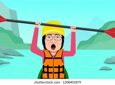 Senior woman having fun in water rafting, vector