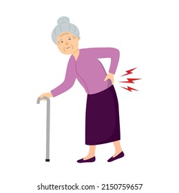 Senior woman having low back pain in flat design on white background. Backache symptom. Muscle or bone problem.