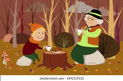 Senior woman having a picnic drinking tes in the forest in fall with her grandson, EPS 8 vector illustration