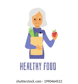 Senior woman with healthy food. Cartoon old lady holding grocery bag with fruits and vegetables, good diet and nutrition concept for elderly, isolated vector illustration