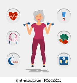 Senior woman and healthy lifestyle, engaged in fitness and holds dumbbells, healthy lifestyle in old age, health graphics, cartoon illustration, isolated on light background, vector