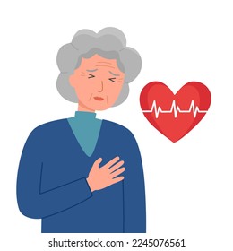 Senior woman with heart attack symptom in flat design on white background. Heart disease concept.