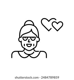 Senior woman and hearts intertwined. Nurturing relationships, support, and empathy in elder care settings. Pixel perfect, editable stroke icon