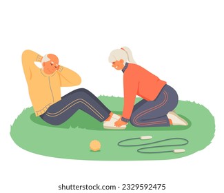 Senior woman helping man to do abdominal exercises outside. Regular physical activity for seniors. Happy old age. Time for fitness and retirement. Vector flat illustration