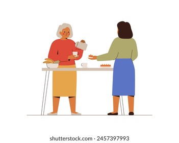 Senior woman and her adult daughter drink tea together.  Women talking and making coffee with cake on the kitchen. Family concept. Vector illustration