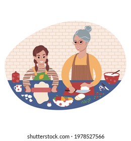Senior woman and her grandchild preparing food together. Teaching child to cook. Grandmother and granddaughter time. Flat style illustration.
