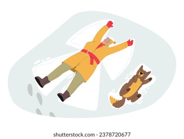 Senior Woman And Her Loyal Dog Joyfully Create Snow Angels Together, Leaving Imprints Of Pure Happiness In The Pristine Wintry Landscape. Funny Old Female Character. Cartoon People Vector Illustration