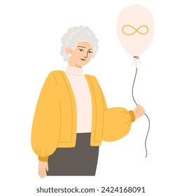 A senior woman holding a balloon with a golden infinity symbol for Autism Awareness Day