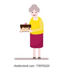 Senior woman holding cake with chocolate and strawberries. Grandmother baked a delicious home made cake. Old lady cooking. Vector flat design illustration, isolated on white background