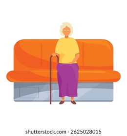 Senior woman holding a cane sitting on a public transport seat