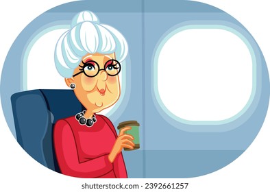 
Senior Woman Holding Coffee Cup Traveling by Plane Vector Illustration. Happy granny becoming a globetrotter after retirement enjoying her flight 
