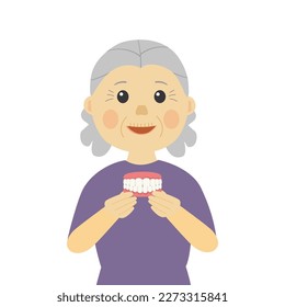 Senior woman holding false teeth in flat design on white background.