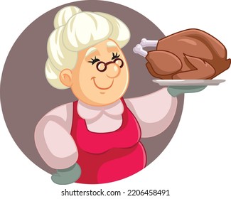 
Senior Woman Holding a Festive Roasted Turkey Vector Cartoon Illustration. Cheerful grandmother serving a traditional holiday meal on a platter
