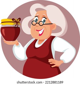 
Senior Woman Holding a Homemade Jam jar Vector Cartoon Illustration. Happy Grandma preparing preserved dessert from fresh fruits
