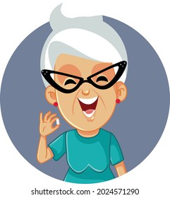 Senior Woman Holding a Pill Vector Illustration. Smiling grandma taking her medical treatment feeling recovered from illness 
