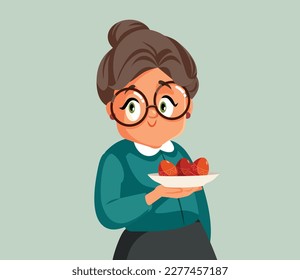 
Senior Woman Holding a Plate of Red Eggs Vector Illustration. Granny celebrating Easter with traditional meal 
