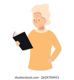 Senior woman holding and reading a book, smiling