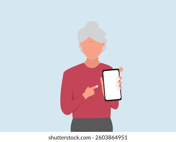 Senior woman holding  smartphone in hand and showing with pointing finger.   Vector illustration.