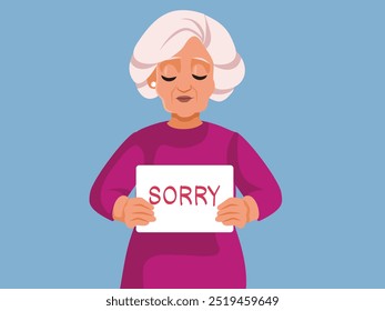 
Senior Woman Holding a Sorry Sign Apologizing Vector Cartoon. Sad grandma feeling regret and remorse in her golden years 
