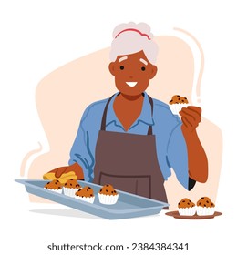 Senior Woman Holds A Tray Of Freshly Baked Muffins, Their Delicious Aroma Filling The Room. With Each Muffin She Shares Her Love Through Her Delightful Culinary Creations. Cartoon Vector Illustration