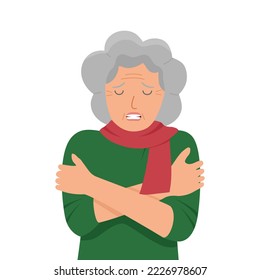 Senior woman hugging herself from cold weather in flat design on white background.