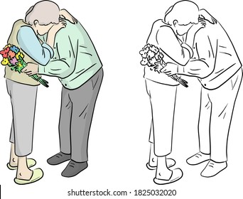 Senior woman hugging his husband standing with flower bouquet vector illustration sketch doodle hand drawn with black lines isolated on white background