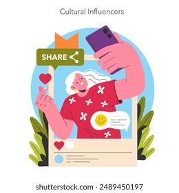 Mujer influencer compartiendo contenido en línea. Adoptar la tecnología y el compromiso con los medios sociales. Edad de la diversidad en la cultura digital. Ilustración vectorial.