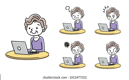 Senior woman: internet, personal computer, set, variation