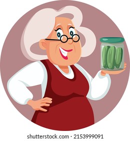 
Senior Woman with a Jar of Pickles Vector cartoon Character. Happy grandma holding canned preserved cucumbers in traditional vinegar liquid 
