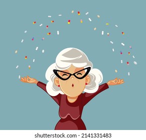 
Senior Woman Juggling Pills Vector Cartoon Illustration. Happy Grandma Recovering After Taking A Prescribed Medical Treatment
