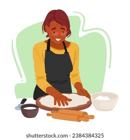 Senior Woman Kneads Dough For Baking, Her Hands Skillfully Working The Ingredients Together. With Each Precise Motion, She Creates The Foundation For Homemade Goodness. Cartoon Vector Illustration