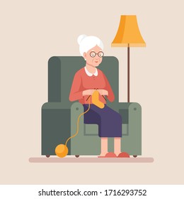 Senior woman knits while sitting in an armchair. Grandmother doing an indoor hobby, pastime. Flat vector illustration.