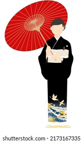 Senior woman in kurotomesode, kimono-clad, posed setstand under an umbrella