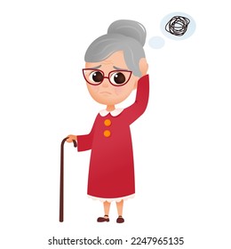 Senior woman leans on cane with dementia. Sad Elderly female confused person with Alzheimer's disease