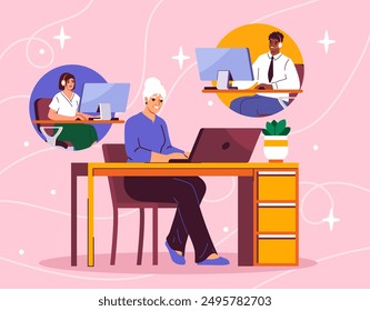 Senior woman learning. Elderly woman with laptop. Video call and communication on social networks, business conference on Internet. Grandmother with computer. Flat vector illustration