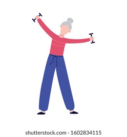 Senior woman lifting dumbbells - old cartoon character with healthy lifestyle doing weight lift strength workout. Active grandmother training - isolated flat vector illustration