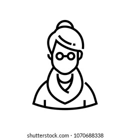 Senior woman - line design single isolated icon on white background. High quality minimalistic black pictogram, emblem. An image of a grandmother in sweater, wearing glasses. Avatar symbol